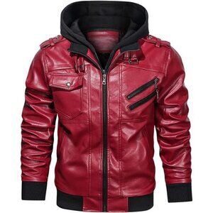 Faux Leather Bomber Jacket Men Stand Collar Zip